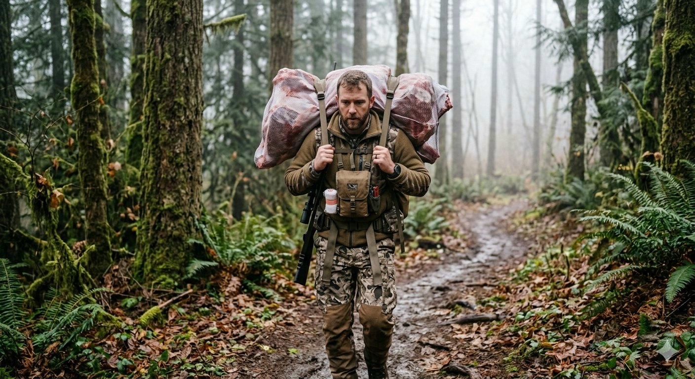 Hunter carrying meat out of the forest